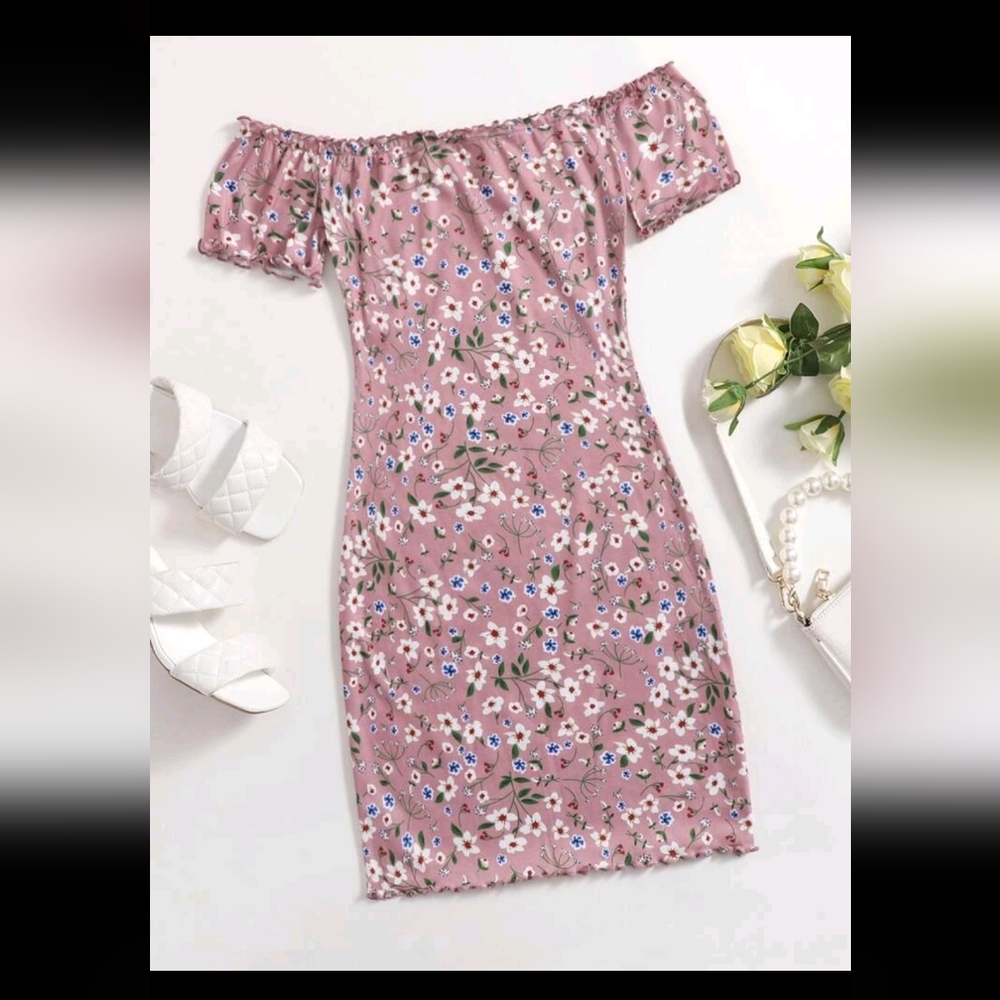 Off Shoulder Lettuce Trim Allover Floral Print Dress